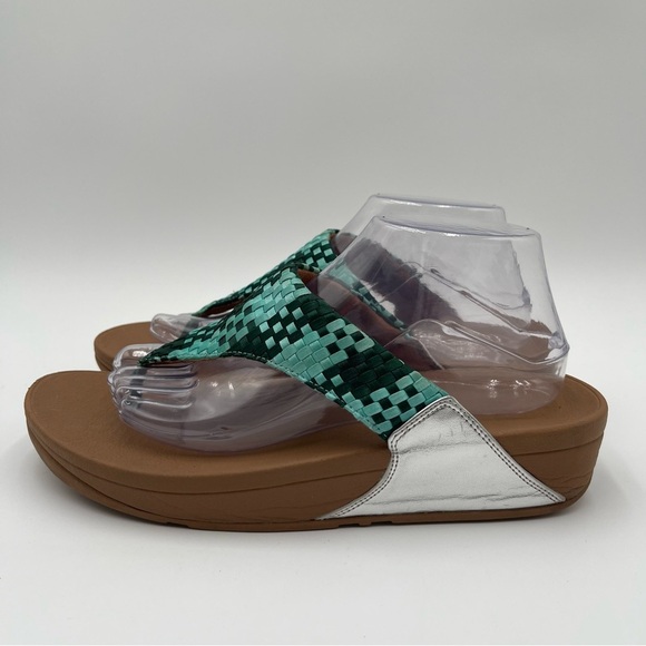 Fitflop Lulu Silky Weave Green Wedge Thong Sandals Women’s size 10 Comfort - Picture 2 of 13